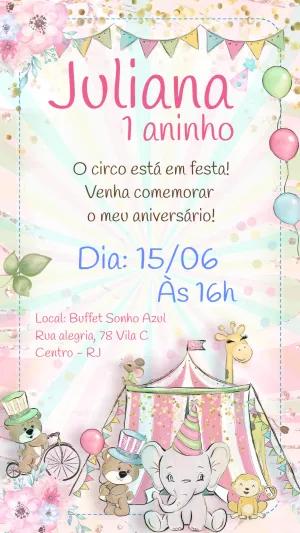 Convite Aniversário Circo Rosa com Animais para Editar Online