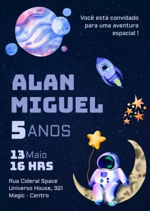 Convite de Aniversário Astronauta no Espaço para Editar Online
