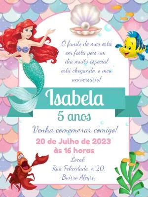 Convite Aniversário Pequena Sereia Ariel para Editar Online