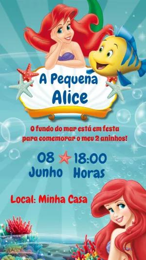 Convite Aniversário Pequena Sereia Ariel para Editar Online