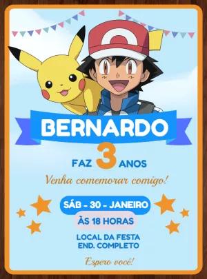 Convite de Aniversário Pokémon com Ash e Pikachu para Editar
