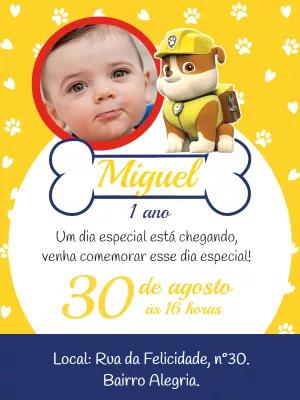 Convite Aniversário Rubble Patrulha Canina com Foto para Editar