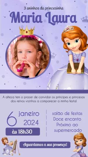 Convite Aniversário Princesa Sofia com Foto para Editar Online