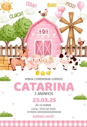 Convite de Aniversário Fazendinha Rosa com Animais para Editar