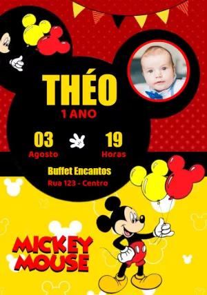 Convite Aniversário Mickey Mouse com Foto para Editar Online