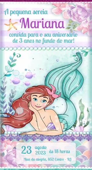 Convite de Aniversário Pequena Sereia Ariel para Editar Online