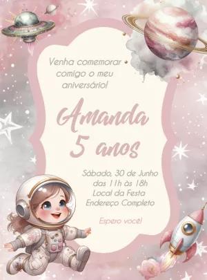 Convite Aniversário Astronauta Menina para Editar Online