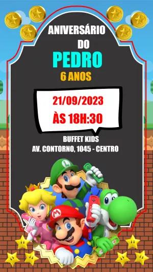 Convite Aniversário Super Mario com Personagens para Editar Online