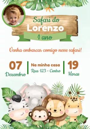Convite Aniversário Safari Baby com Foto para Editar Online