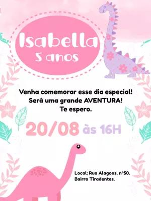 Convite Aniversário Dinossauro Rosa para Editar Online