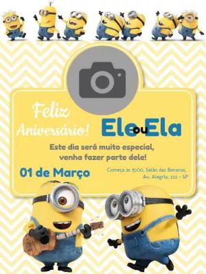 Convite de Aniversário Minions com Foto para Editar Online