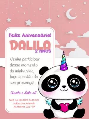 Convite Aniversário Panda Unicórnio para Editar Online