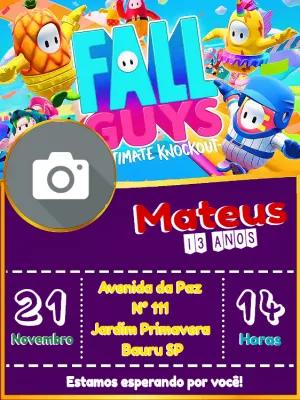 Convite Aniversário Fall Guys com Foto para Editar Online