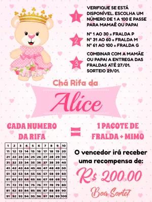 Rifa Chá de Bebê Ursinha Princesa Editável para Imprimir