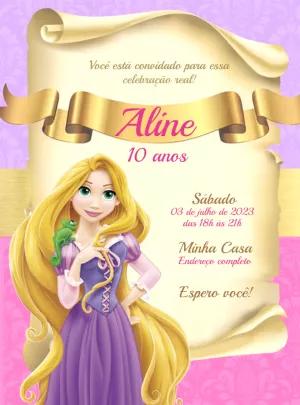 Convite Aniversário Rapunzel Editável Online para Imprimir