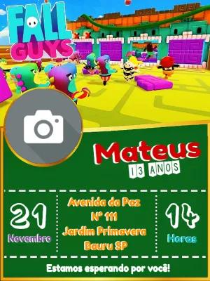 Convite Aniversário Fall Guys com Foto para Editar Online