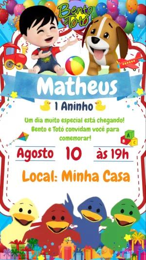 Convite de Aniversário Bento e Totó com Personagens para Editar