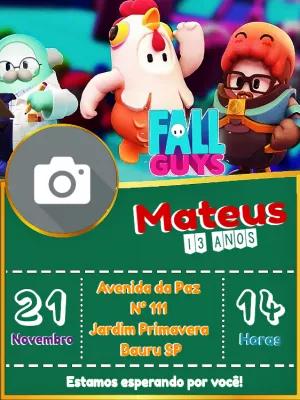 Convite de Aniversário Fall Guys com Foto para Editar Online