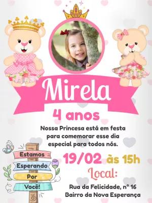 Convite Aniversário Ursinha Princesa com Foto para Editar Online