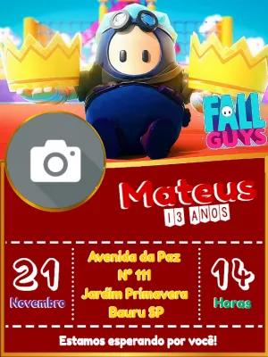 Convite Aniversário Fall Guys com Foto para Editar Online