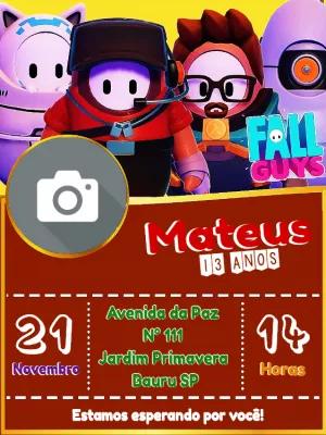 Convite Aniversário Fall Guys com Foto para Editar Online
