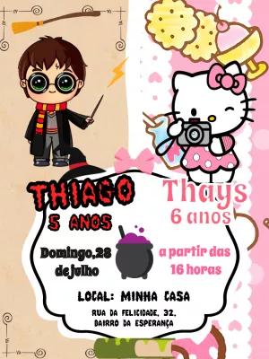 Convite Aniversário Duplo Harry Potter e Hello Kitty para Editar