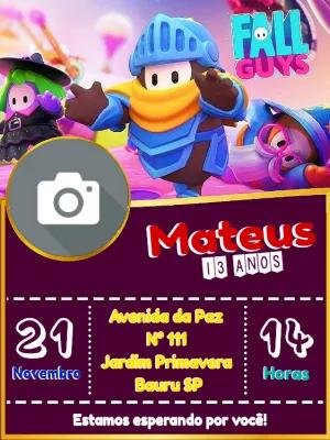 Convite de Aniversário Fall Guys com Foto para Editar Online