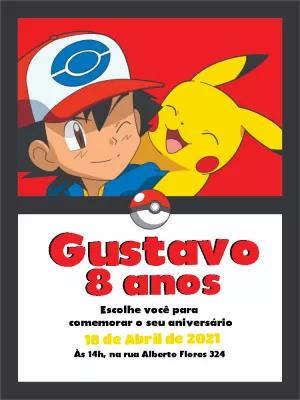 Convite de Aniversário Pokémon com Ash e Pikachu para Editar