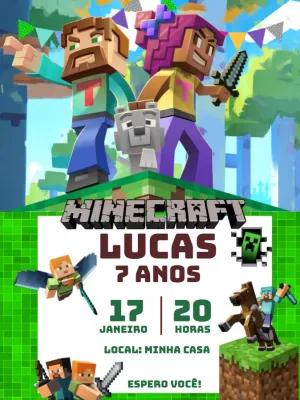 Convite de Aniversário Minecraft com Personagens para Editar