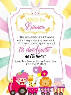 Convite Aniversário Circo Rosa com Animais para Editar Online