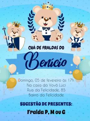 Convite Chá de Fraldas Ursinho Príncipe para Editar Online