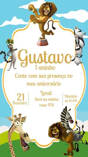 Convite de Aniversário Madagascar com Personagens para Editar