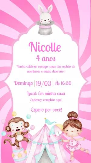 Convite de Aniversário Circo Rosa com Animais para Editar Online