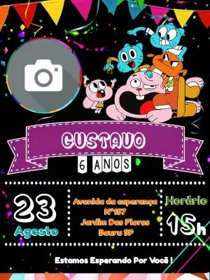 Convite Aniversário Gumball com Foto para Editar Online