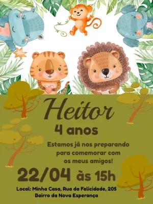 Convite Aniversário Safari com Animais Fofos para Editar Online