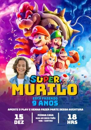 Convite Aniversário Super Mario World com Foto para Editar