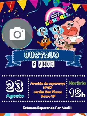Convite Aniversário Gumball com Foto para Editar Online
