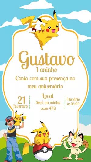 Convite de Aniversário Pokémon com Pikachu para Editar Online