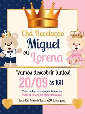 Convite Chá Revelação Ursinhos Príncipe e Princesa para Editar