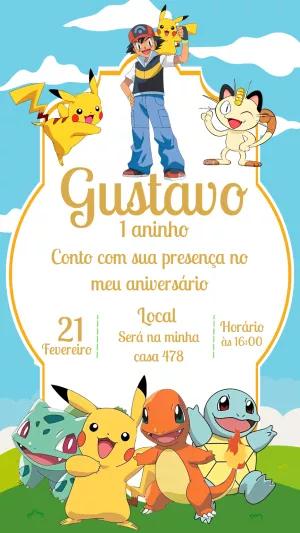 Convite de Aniversário Pokémon com Personagens para Editar Online