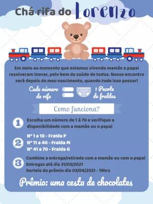 Convite Chá Rifa Ursinho e Trem para Editar Online