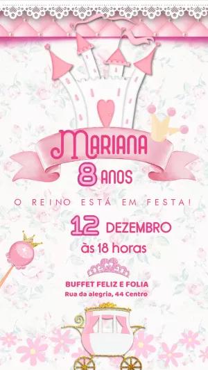 Convite Aniversário Realeza Rosa com Castelo para Editar