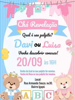 Convite Chá Revelação Ursinhos Príncipe e Princesa para Editar