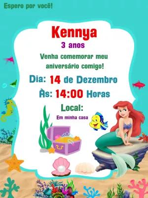 Convite Aniversário Pequena Sereia com Ariel para Editar Online
