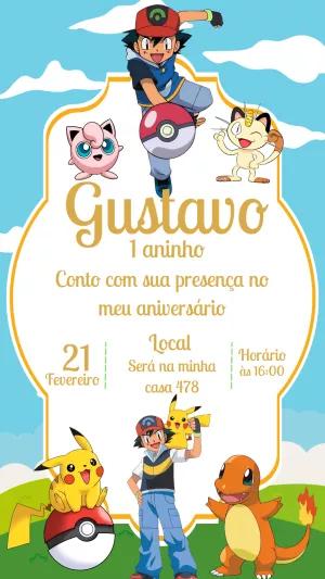 Convite de Aniversário Pokémon com Personagens para Editar Online