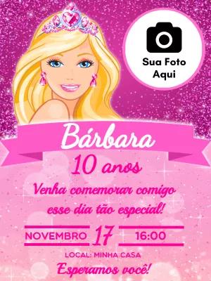 Convite Aniversário Barbie com Foto para Editar Online