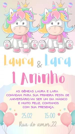 Convite Aniversário Gêmeas Unicórnio para Editar Online