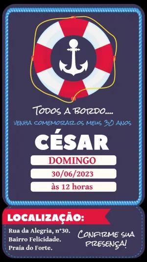 Convite Aniversário Marinheiro com Âncora para Editar Online