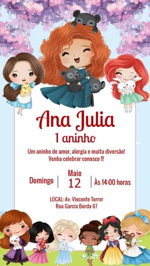 Convite Aniversário Princesas Disney Fofo para Editar Online
