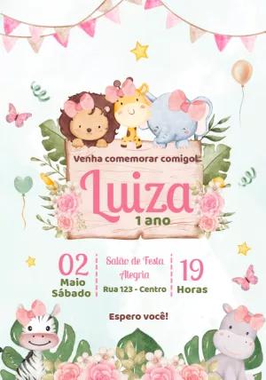 Convite Aniversário Safari Menina Aquarela para Editar Online